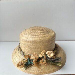 Vintage Hand Woven Straw Sun Hat Floral Braided Trim Boater Garden Party Boho